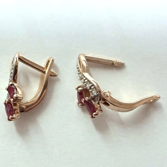 Russian Russia Solid 14K Rose Pink Gold Ruby Diamond Cluster Pierced Earrings - Picture 8 of 15